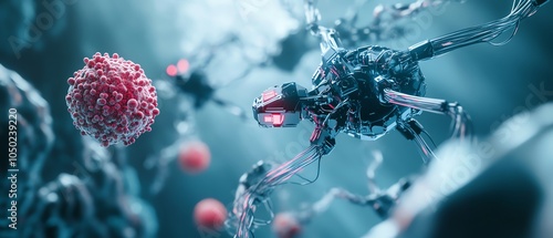 Nanotechnology in drug discovery, with a closeup of tiny robotic devices delivering a therapeutic compound directly into a targeted cancer cell in a dramatic biological landscape