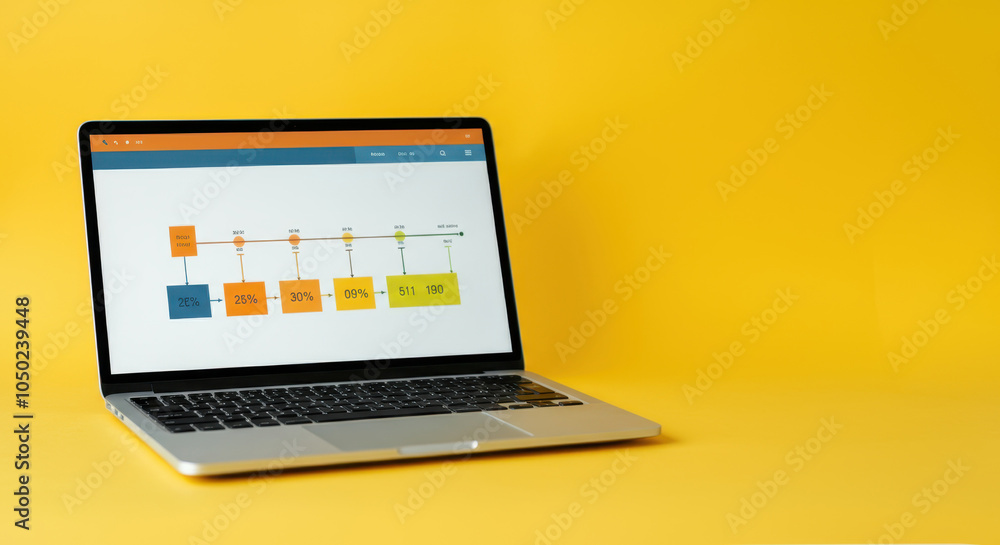 Laptop displaying colorful charts and graphs on yellow background Laptop displaying colorful charts and graphs on yellow background