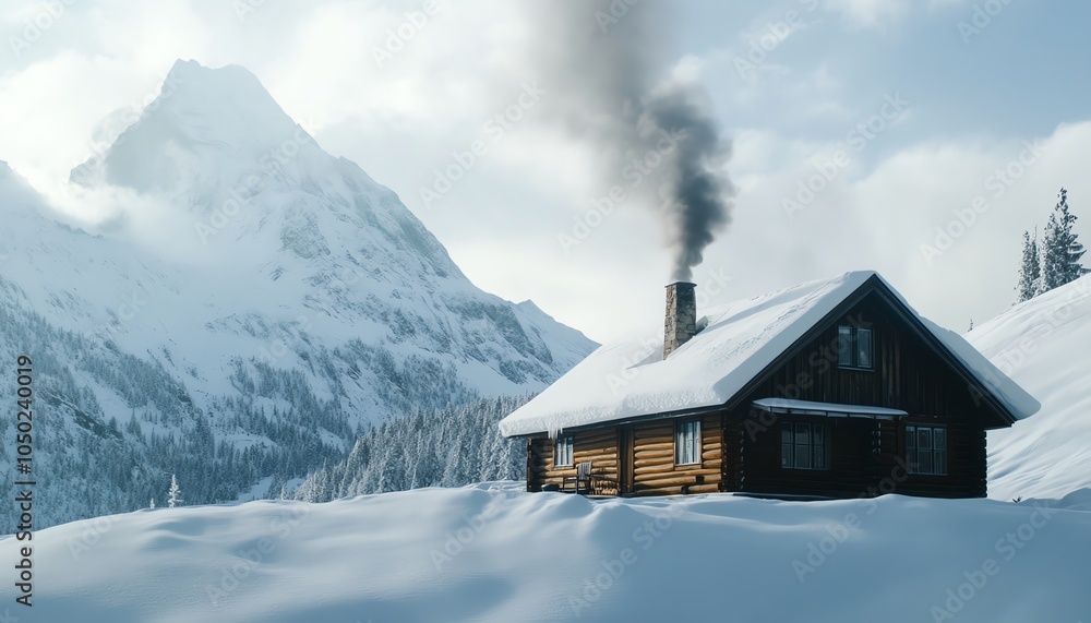 Snowcovered mountain cabin, smoke rising from the chimney, peaceful winter retreat Snowcovered mountain cabin, smoke rising from the chimney, peaceful winter retreat
