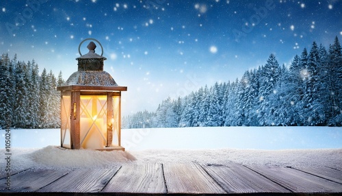 christmas and white snowy winter background lit lantern on a wooden table