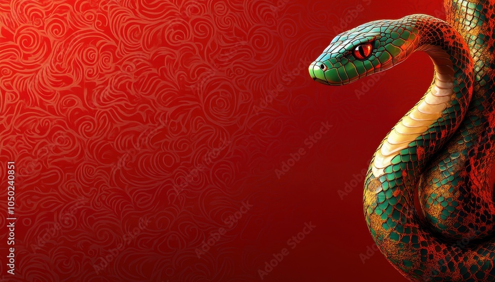 Obraz premium A vivid and colorful snake slithering against a rich red background, showcasing intricate patterns and striking features, ideal for nature lovers and wildlife enthusiasts.