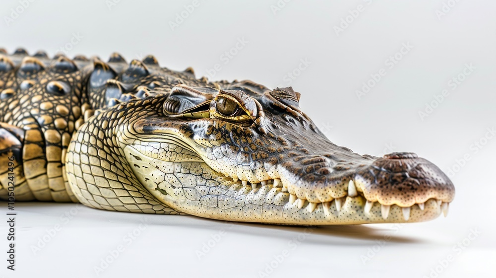 Fototapeta premium This specimen of a Cuban Crocodile lies quietly against a white backdrop highlighting its distinct rough skin and intricate textures. The image captures the beauty of this reptile.