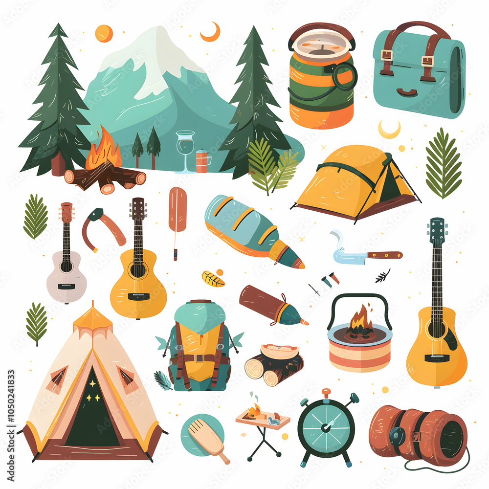 Illustration of camping equipment and nature scene with a mountain, trees, campfire, tent, guitar, backpack, and other camping gear. Illustration of camping equipment and nature scene with a mountain, trees, campfire, tent, guitar, backpack, and other camping gear.