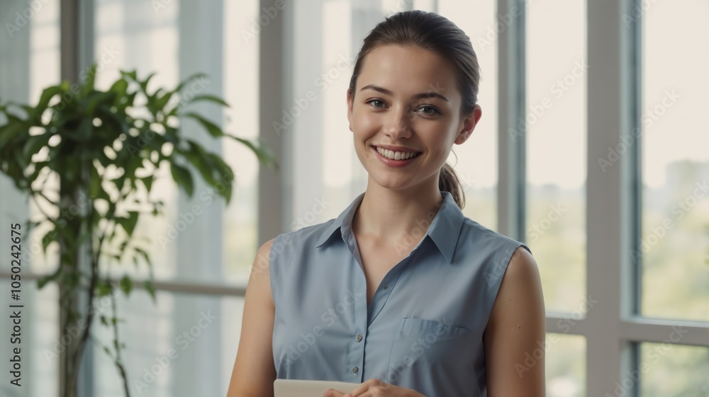 Smiling Woman in Blue Shirt Standing by Window Smiling Woman in Blue Shirt Standing by Window