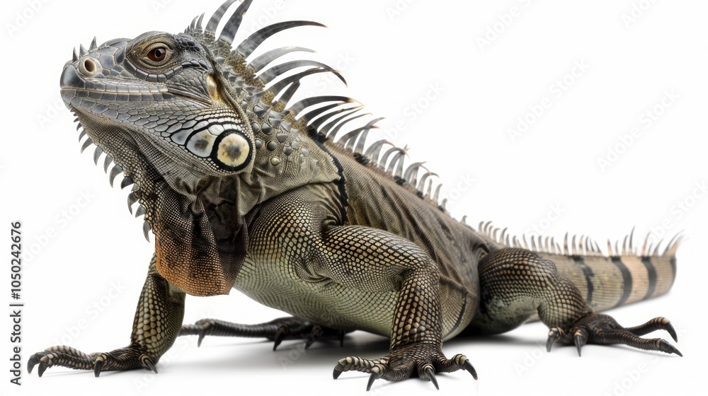 Obraz premium Cuban Rock Iguana displays its impressive spiky crest and rough scales showcasing alertness as it stands isolated against a bright white background in a studio setting.