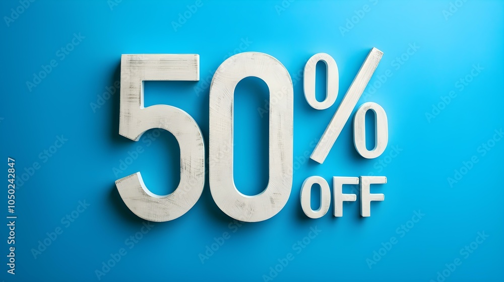 White '50% OFF' Promotional Sign on a Blue Background with Copy Space White '50% OFF' Promotional Sign on a Blue Background with Copy Space
