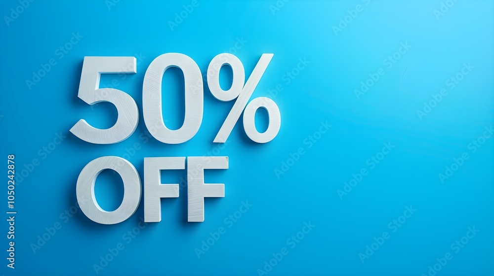 White '50% OFF' Promotional Sign on a Blue Background with Copy Space White '50% OFF' Promotional Sign on a Blue Background with Copy Space