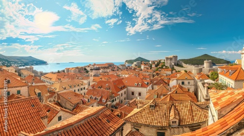 Wallpaper Mural A charming Dubrovnik cityscape with medieval city walls, red-tiled roofs, and the Adriatic Sea in the distance Torontodigital.ca