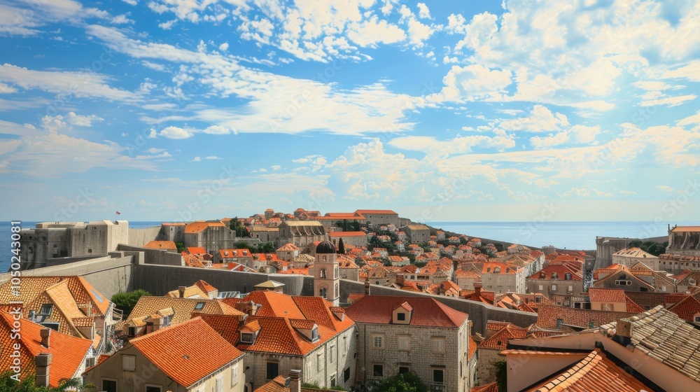A charming Dubrovnik cityscape with medieval city walls, red-tiled roofs, and the Adriatic Sea in the distance