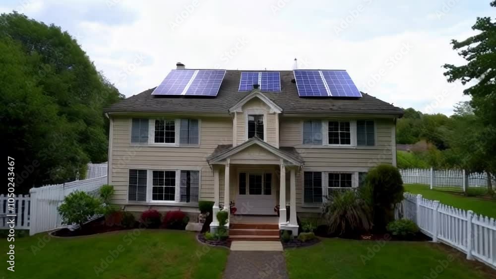 A suburban house with solar panels and a well-maintained garden, showcasing renewable energy and modern architecture. A suburban house with solar panels and a well-maintained garden, showcasing renewable energy and modern architecture.