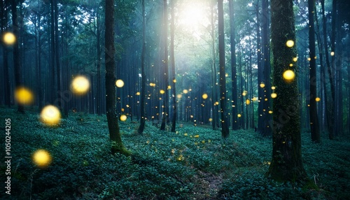 Wald bei Nacht erleuchtet durch Glühwürmchen photo