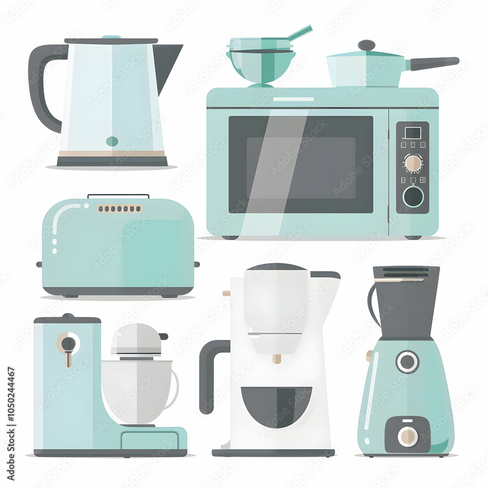 Set of seven blue and white kitchen appliances kettle, microwave, toaster, stand mixer, coffee maker, and blender. Set of seven blue and white kitchen appliances kettle, microwave, toaster, stand mixer, coffee maker, and blender.
