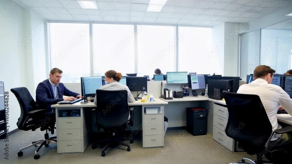 A busy office scene showcasing professionals engaged in collaborative work at computers, highlighting a modern business environment. A busy office scene showcasing professionals engaged in collaborative work at computers, highlighting a modern business environment.