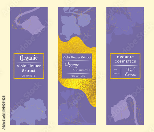 Group of narrow vertical banners for herbal cosmetics, perfumes, or other products. Banners decorated with silhouettes of violets that are placed above and below, golden outlines and textures.