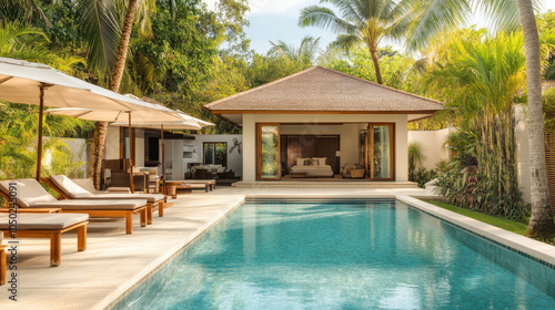  A modern private villa featuring a swimming pool surrounded by lounge chairs  palm trees  and an umbrella.        