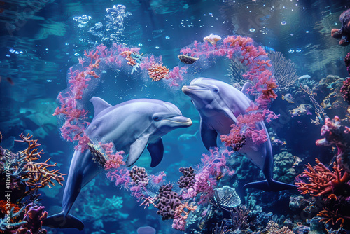 Playful Dolphin Romance: Heart-Shaped Swim Amidst Vibrant, Colorful Coral Reef for Valentine's Day Card photo