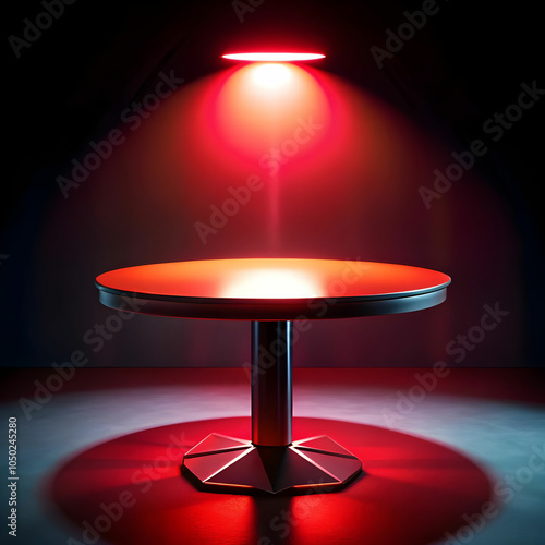 a round table with a red light and a black backgrod photo