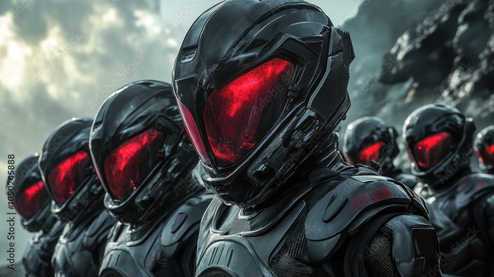 A lineup of futuristic armored figures with glowing red visors in a dramatic landscape. A lineup of futuristic armored figures with glowing red visors in a dramatic landscape.