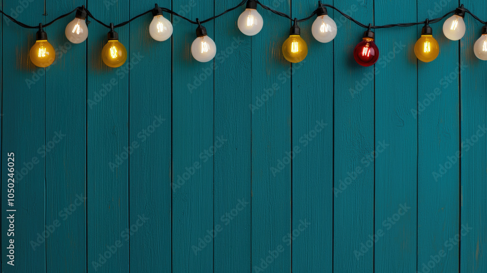 Fototapeta premium Brightly colored Christmas lights garland on wooden background creates festive atmosphere, perfect for holiday celebrations and gatherings