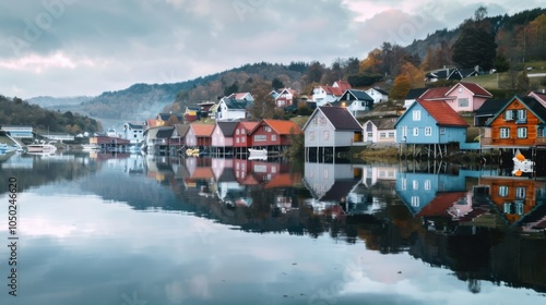 A charming lakeside town with colorful houses, a serene waterfront promenade, and gentle reflections on the water