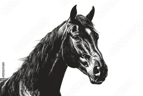 This detailed monochrome art piece portrays a horse's head, capturing the animal's expressive features and textures, offering a lifelike and artistic representation. photo