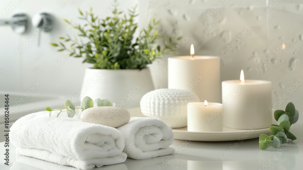 A spa setting with candles, towels, and plants. A spa setting with candles, towels, and plants.