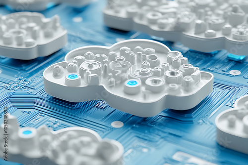 3D Render of Cloud with Technology Background, Circuit Board Details, Blue Theme, White Background, Isometric View, High Resolution, Ultra-Detailed, Cinematic Style photo