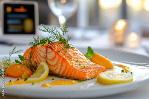 3D printed plant-based salmon served with herbs and lemon slices in a modern restaurant setting, promoting sustainable dining.