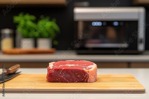 Detailed close-up of 3D printed plant-based steak, displaying layers and texture made possible through modern culinary technology. photo