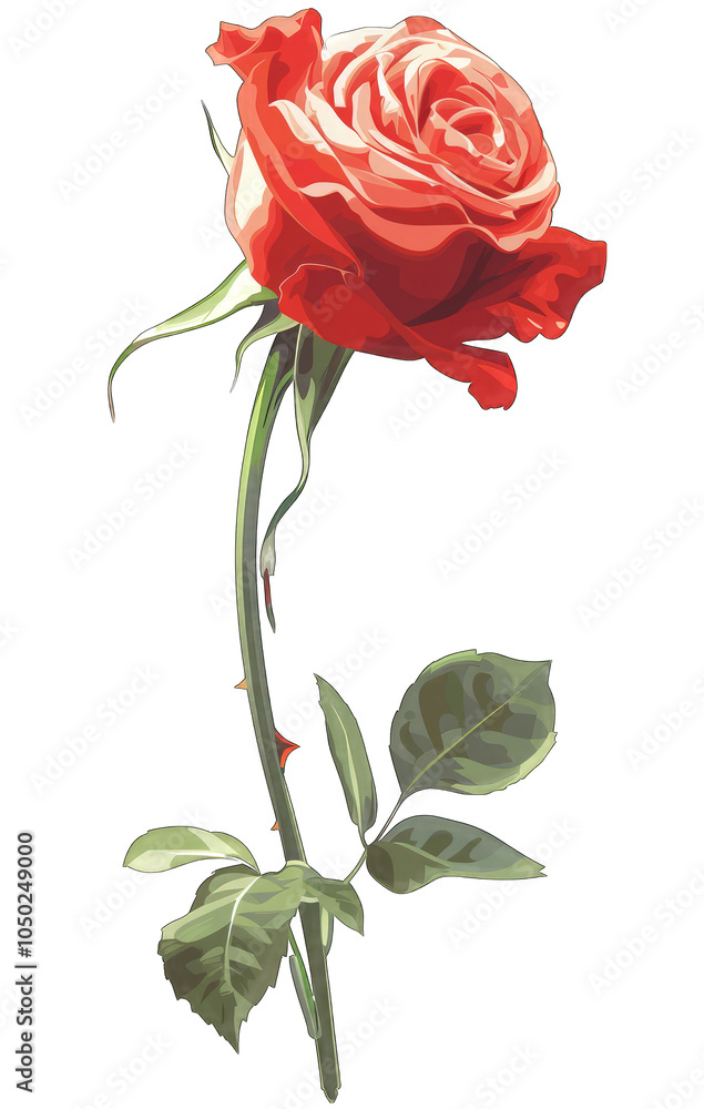 Vector illustration of a red rose with a green stem isolated on a cutout PNG white background Vector illustration of a red rose with a green stem isolated on a cutout PNG white background