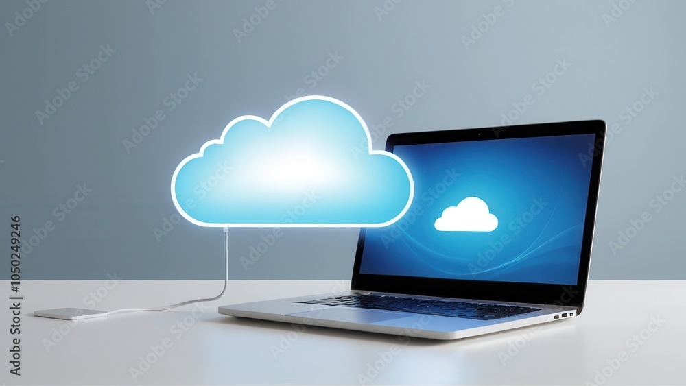 A laptop with a glowing cloud icon, symbolizing fast recovery and online data backup solutions. Suitable for topics on cloud services, cybersecurity, and business continuity. A laptop with a glowing cloud icon, symbolizing fast recovery and online data backup solutions. Suitable for topics on cloud services, cybersecurity, and business continuity.