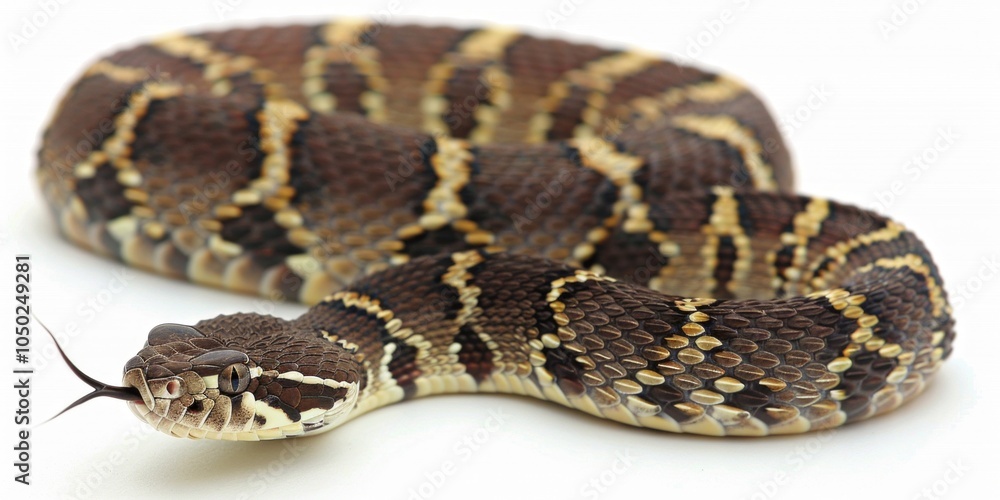 Eastern Diamondback Rattlesnake showcases its distinctive diamond patterns and visible rattle while coiled. The sharp focus highlights its scales and features against a clean background. Eastern Diamondback Rattlesnake showcases its distinctive diamond patterns and visible rattle while coiled. The sharp focus highlights its scales and features against a clean background.
