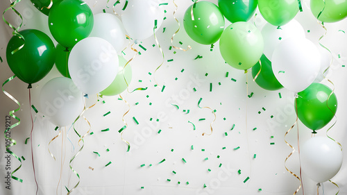 A lively background filled with green and white balloons, streamers, and confetti on a white backdrop, creating a festive and celebratory atmosphere