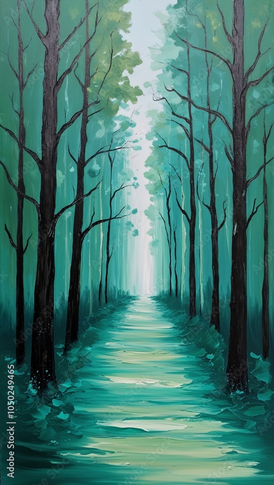 Fototapeta premium Shaded forest path painting in emerald green teal and sage