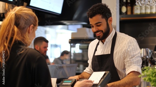 Taking Payments: A waiter processing payments at the register, interacting positively with customers photo