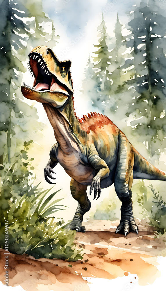 A vibrant watercolor illustration of a Tyrannosaurus rex standing in a green prehistoric landscape. The dinosaur is depicted with detailed scales and a fierce expression, surrounded by foliage. A vibrant watercolor illustration of a Tyrannosaurus rex standing in a green prehistoric landscape. The dinosaur is depicted with detailed scales and a fierce expression, surrounded by foliage.