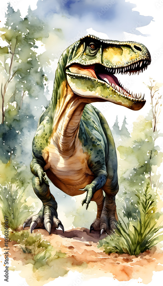 A vibrant watercolor illustration of a Tyrannosaurus rex standing in a green prehistoric landscape. The dinosaur is depicted with detailed scales and a fierce expression, surrounded by foliage. A vibrant watercolor illustration of a Tyrannosaurus rex standing in a green prehistoric landscape. The dinosaur is depicted with detailed scales and a fierce expression, surrounded by foliage.