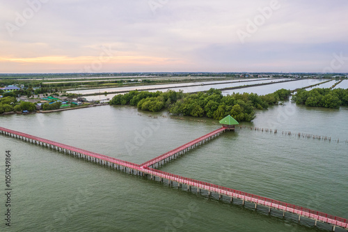 Colorful sunset   on the sea at Red Bridge, Samut Sakhon  province, Thailand.