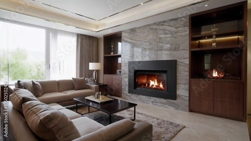 Wallpaper Mural A cozy living room featuring a modern fireplace, elegant furniture, and warm lighting, creating a comforting atmosphere. Torontodigital.ca