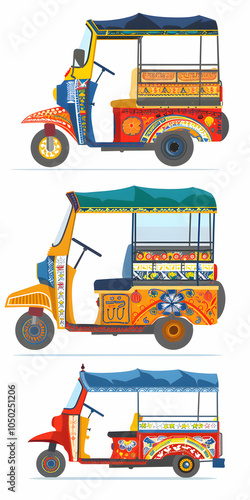 Three colorful auto rickshaws with different designs and colors, isolated on a white background.