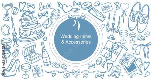 Hand drawn vector isolated set of wedding items. Set of bride and groom accessories for marriage ceremony: dress, shoes, jewelry, rings, cake, candles, bows, gifts, decoration, glasses.Doodle elements