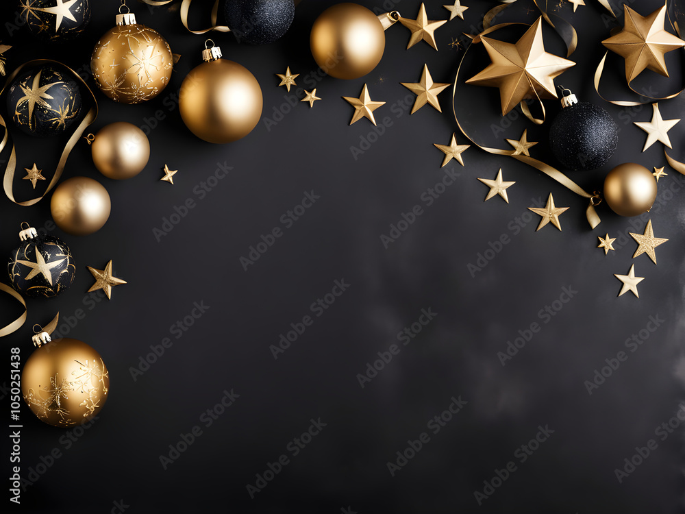 Christmas decorations in black and gold: Baubles, stars and ribbon on a black background. Table top view, flat lay, copy space. Christmas decorations in black and gold: Baubles, stars and ribbon on a black background. Table top view, flat lay, copy space.