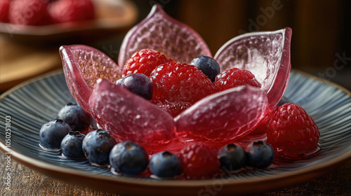 An artistic gelatin dessert shaped like a flower, topped with fresh raspberries and blueberries, displayed elegantly on a plate with a wooden background photo