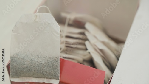 modern tea bag with string and some paper at the end used for branding and holder to keep tea floated at the glass or teapot