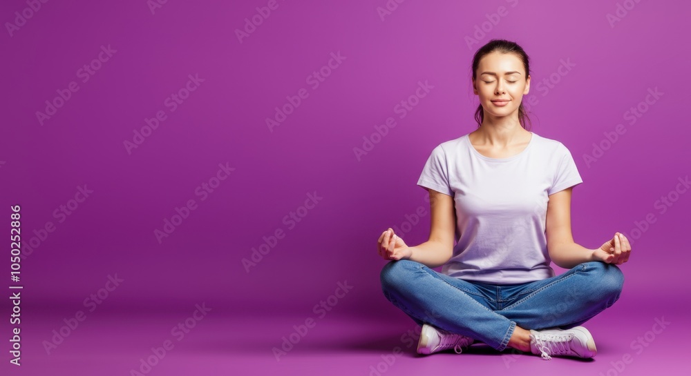 Fototapeta premium Woman meditating in lotus position on purple background