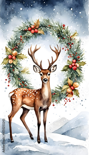 Watercolor illustration of a deer surrounded by a festive wreath with pine branches, red berries, and poinsettias.