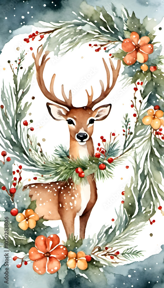 Watercolor illustration of a deer surrounded by a festive wreath with pine branches, red berries, and poinsettias. Watercolor illustration of a deer surrounded by a festive wreath with pine branches, red berries, and poinsettias.