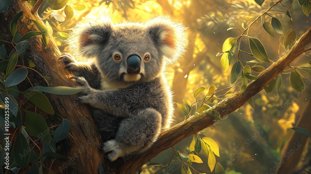 Fototapeta premium Cuddly Koala Clinging to a Eucalyptus Tree in a Sunlit Forest