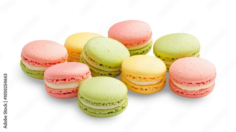 A delightful arrangement of macarons in vibrant shades of green, pink, and yellow, placed against a minimal white background. A delightful arrangement of macarons in vibrant shades of green, pink, and yellow, placed against a minimal white background.