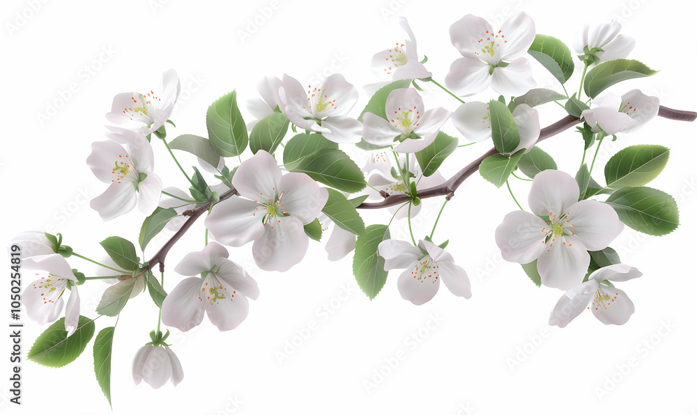 Obraz premium A branch of a blossoming apple tree with white flowers and green leaves.
